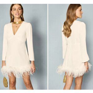 RIXO Womens Bridal Toni Feathered Mini Dress 14 White V-Neck Wedding Par…